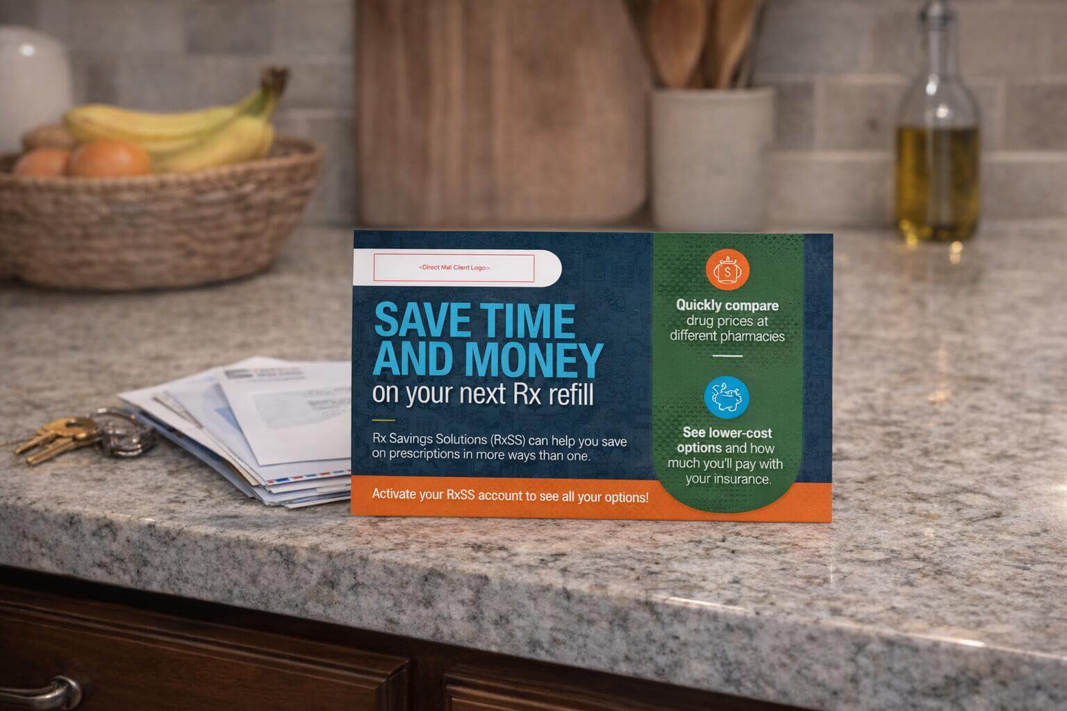 Direct mail postcard mockup displayed on a kitchen counter, promoting prescription refill savings with teal and orange design and pharmacy comparison messaging